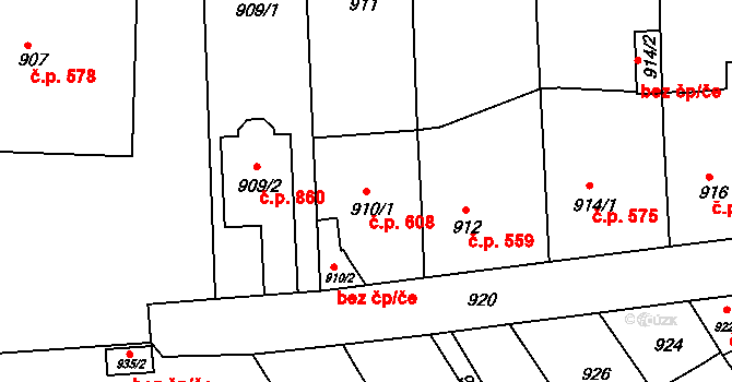 Podbořany 608 na parcele st. 910/1 v KÚ Podbořany, Katastrální mapa