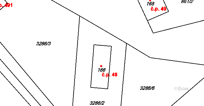 Tisá 48 na parcele st. 166 v KÚ Tisá, Katastrální mapa