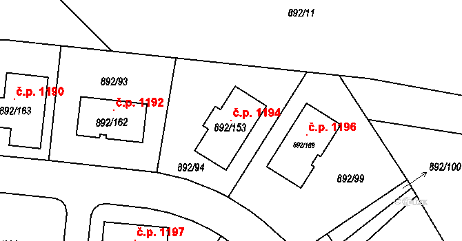 Srubec 1194 na parcele st. 892/153 v KÚ Srubec, Katastrální mapa