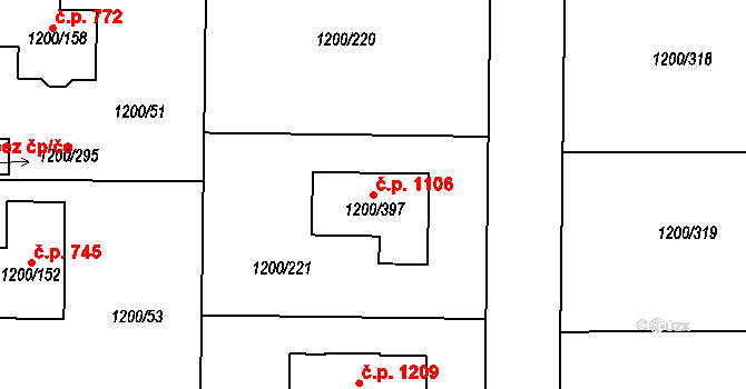 Vejprnice 1106 na parcele st. 1200/397 v KÚ Vejprnice, Katastrální mapa