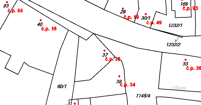 Bařice 38, Bařice-Velké Těšany na parcele st. 37 v KÚ Bařice, Katastrální mapa