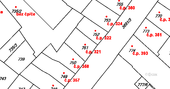 Vyškov-Předměstí 321, Vyškov na parcele st. 751 v KÚ Vyškov, Katastrální mapa