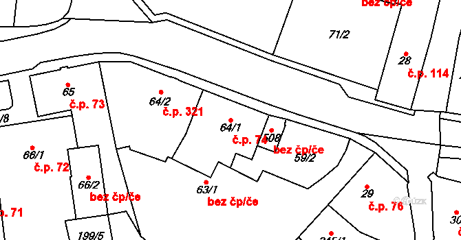 Kostomlaty pod Milešovkou 74 na parcele st. 64/1 v KÚ Kostomlaty pod Milešovkou, Katastrální mapa