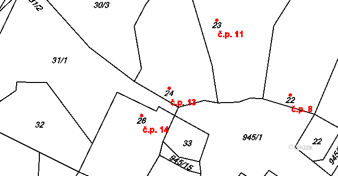 Lhota u Lysic 13 na parcele st. 24 v KÚ Lhota u Lysic, Katastrální mapa