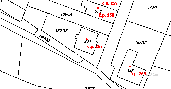 Kostelec u Holešova 257 na parcele st. 421 v KÚ Kostelec u Holešova, Katastrální mapa