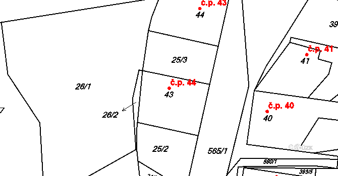 Hořejany 44, Tochovice na parcele st. 43 v KÚ Hořejany, Katastrální mapa