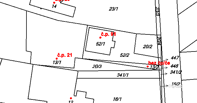 Jičíněves 91 na parcele st. 52/1 v KÚ Jičíněves, Katastrální mapa