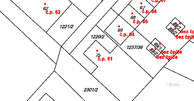 Třebohostice 51 na parcele st. 75 v KÚ Třebohostice, Katastrální mapa