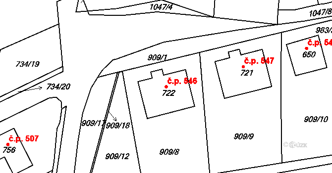 Bohosudov 546, Krupka na parcele st. 722 v KÚ Bohosudov, Katastrální mapa