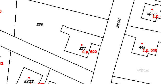 Paskov 500 na parcele st. 827 v KÚ Paskov, Katastrální mapa