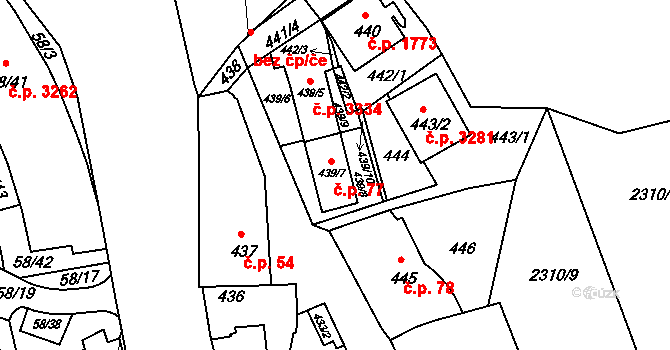 Záběhlice 77, Praha na parcele st. 439/7 v KÚ Záběhlice, Katastrální mapa