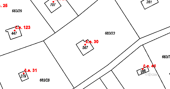 Halouny 30, Svinaře na parcele st. 567 v KÚ Svinaře, Katastrální mapa