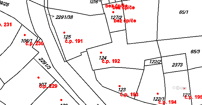 Rožmitál pod Třemšínem 192 na parcele st. 124 v KÚ Rožmitál pod Třemšínem, Katastrální mapa