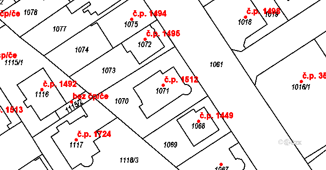 Chomutov 1512 na parcele st. 1071 v KÚ Chomutov I, Katastrální mapa