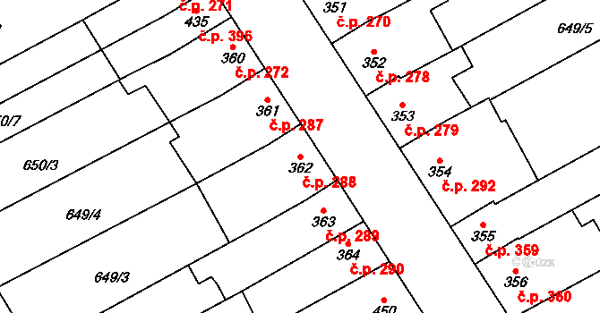 Vrahovice 288, Prostějov na parcele st. 362 v KÚ Vrahovice, Katastrální mapa