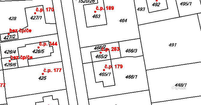 Šeberov 283, Praha na parcele st. 465/2 v KÚ Šeberov, Katastrální mapa