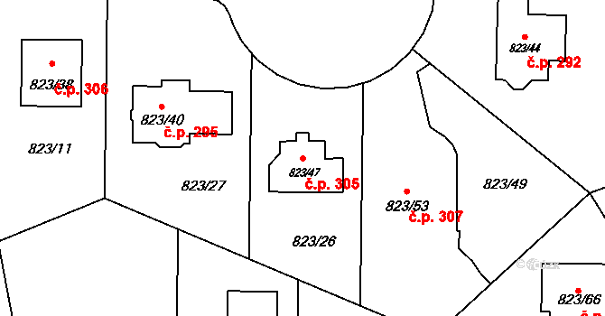 Lípa 305 na parcele st. 823/47 v KÚ Lípa nad Dřevnicí, Katastrální mapa