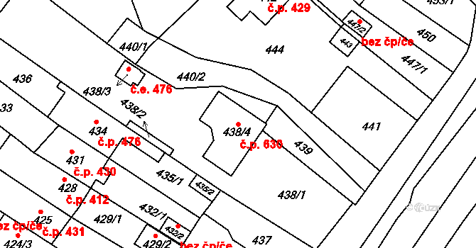 Obřany 630, Brno na parcele st. 438/4 v KÚ Obřany, Katastrální mapa
