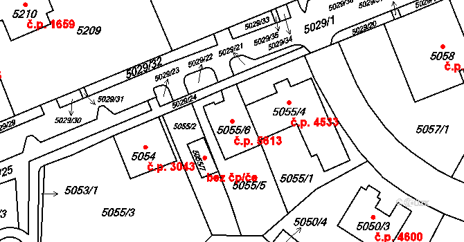 Chomutov 5613 na parcele st. 5055/6 v KÚ Chomutov I, Katastrální mapa