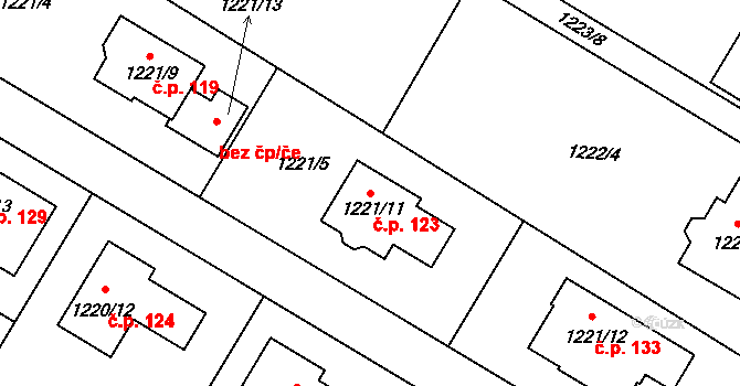 Železné 123 na parcele st. 1221/11 v KÚ Železné, Katastrální mapa