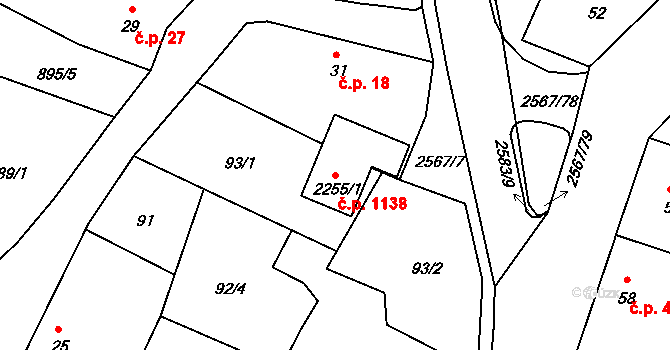Pacov 1138 na parcele st. 2255/1 v KÚ Pacov, Katastrální mapa
