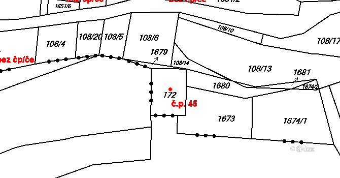 Čechtín 45 na parcele st. 172 v KÚ Čechtín, Katastrální mapa