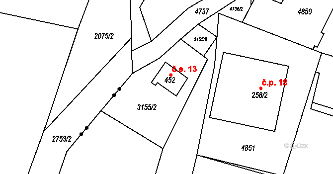 Sekerské Chalupy 87, Stará Voda na parcele st. 452 v KÚ Stará Voda u Mariánských Lázní, Katastrální mapa