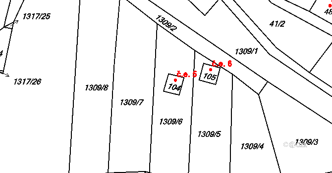 Sazomín 5 na parcele st. 104 v KÚ Sazomín, Katastrální mapa