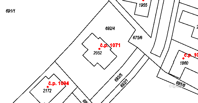 Valašské Klobouky 1071 na parcele st. 2052 v KÚ Valašské Klobouky, Katastrální mapa