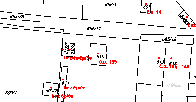 Dýšina 199 na parcele st. 610 v KÚ Dýšina, Katastrální mapa