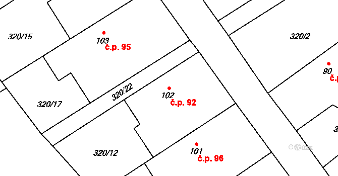 Měcholupy 92 na parcele st. 102 v KÚ Měcholupy u Blovic, Katastrální mapa