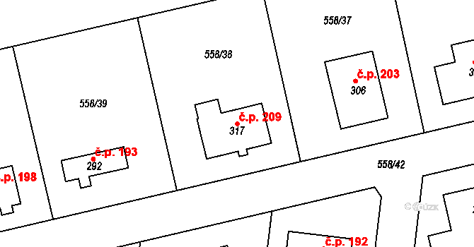 Suchomasty 209 na parcele st. 317 v KÚ Suchomasty, Katastrální mapa