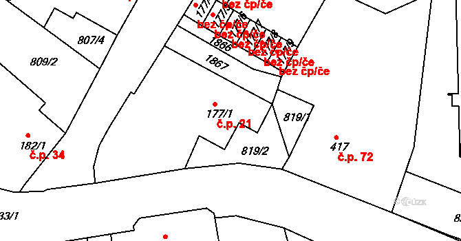 Jablonecké Paseky 21, Jablonec nad Nisou na parcele st. 177/1 v KÚ Jablonecké Paseky, Katastrální mapa