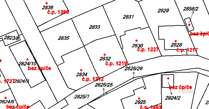 Roztoky 1219 na parcele st. 2832 v KÚ Žalov, Katastrální mapa