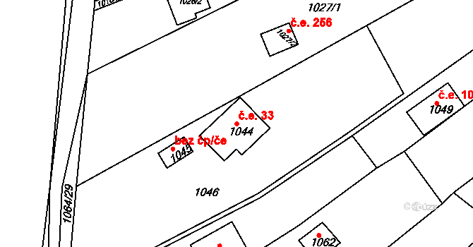 Popůvky 33 na parcele st. 1044 v KÚ Popůvky u Brna, Katastrální mapa
