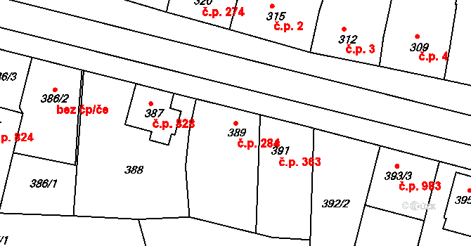 Ratíškovice 284 na parcele st. 389 v KÚ Ratíškovice, Katastrální mapa