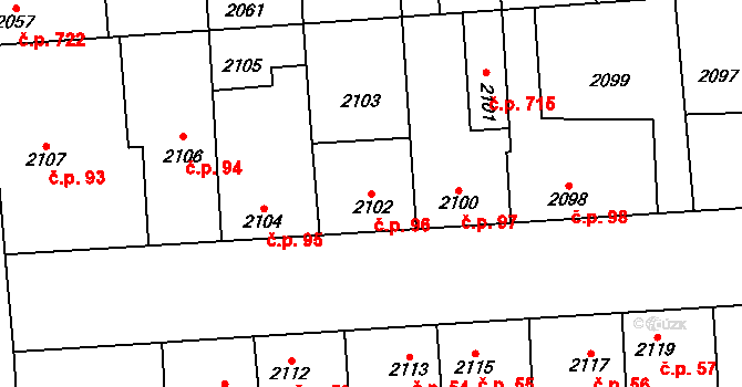 Kročehlavy 96, Kladno na parcele st. 2102 v KÚ Kročehlavy, Katastrální mapa