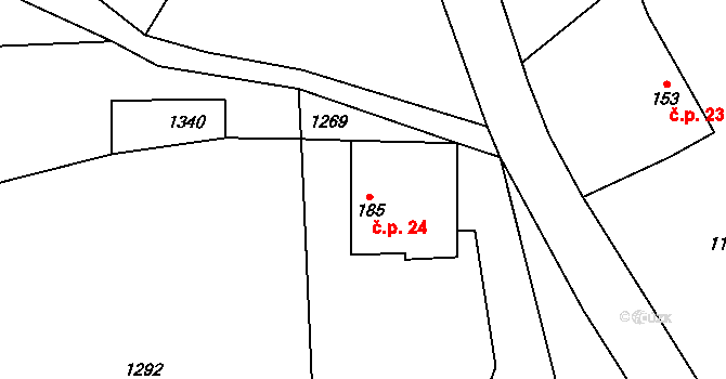 Telecí 24 na parcele st. 185 v KÚ Telecí, Katastrální mapa