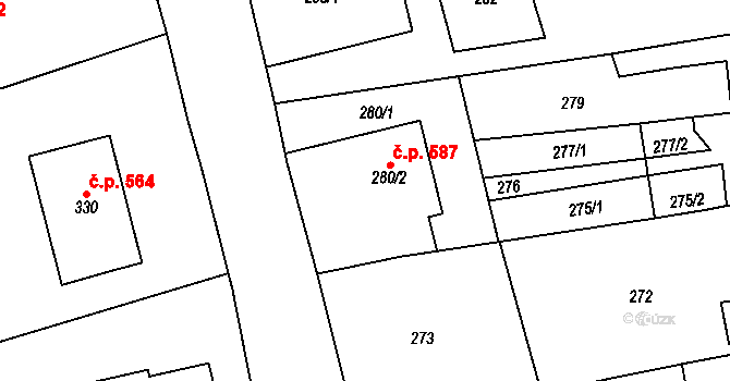 Bolelouc 587, Dub nad Moravou na parcele st. 280/2 v KÚ Dub nad Moravou, Katastrální mapa