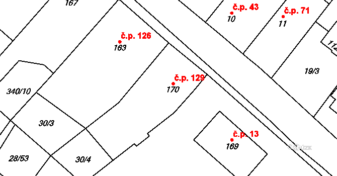 Střelice 129, Uničov na parcele st. 170 v KÚ Střelice u Litovle, Katastrální mapa