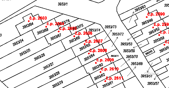 Roudnice nad Labem 2607 na parcele st. 3953/65 v KÚ Roudnice nad Labem, Katastrální mapa