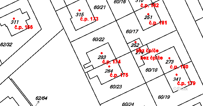 Kluk 174, Poděbrady na parcele st. 283 v KÚ Kluk, Katastrální mapa