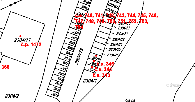 Husovice 346,347,348,349,350,, Brno na parcele st. 2304/26 v KÚ Husovice, Katastrální mapa