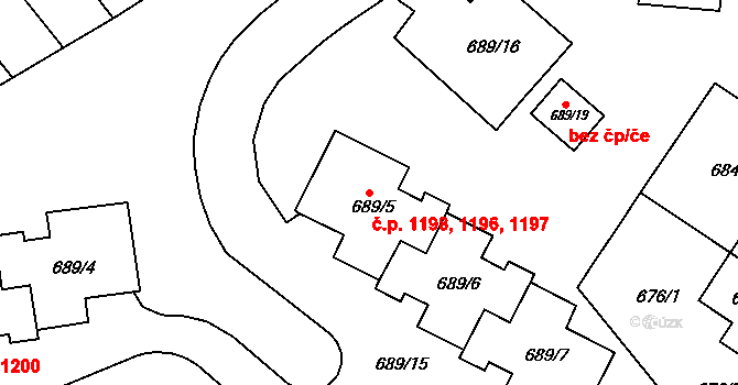 Košíře 1196,1197,1198, Praha na parcele st. 689/5 v KÚ Košíře, Katastrální mapa
