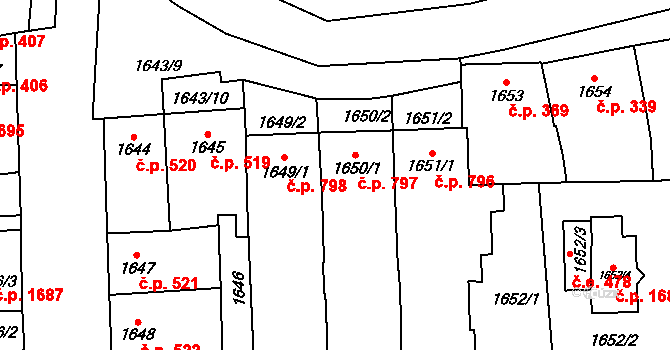Šlapanice 797 na parcele st. 1650/1 v KÚ Šlapanice u Brna, Katastrální mapa