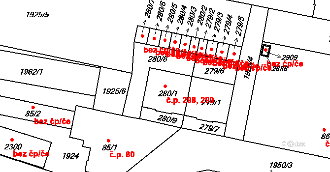 Litice 298,299, Plzeň na parcele st. 279/1 v KÚ Litice u Plzně, Katastrální mapa