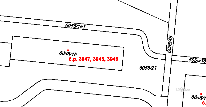 Prostějov 3945,3946,3947 na parcele st. 6055/15 v KÚ Prostějov, Katastrální mapa