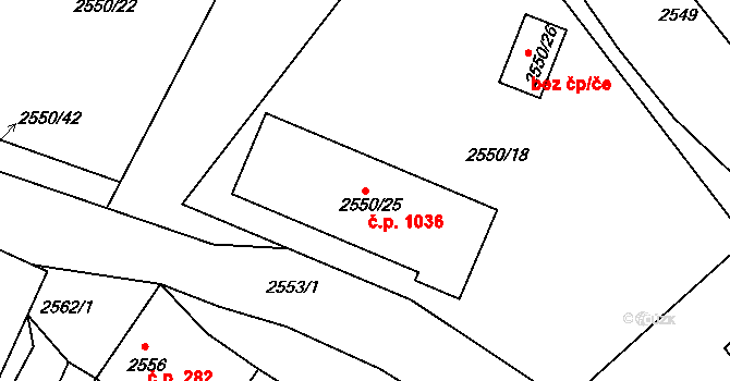 Valtice 1036 na parcele st. 2550/25 v KÚ Valtice, Katastrální mapa