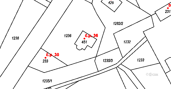 Malinné 36, Prosetín na parcele st. 451 v KÚ Prosetín u Hlinska, Katastrální mapa