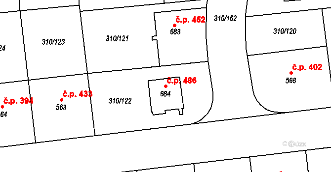 Prštné 486, Zlín na parcele st. 684 v KÚ Prštné, Katastrální mapa